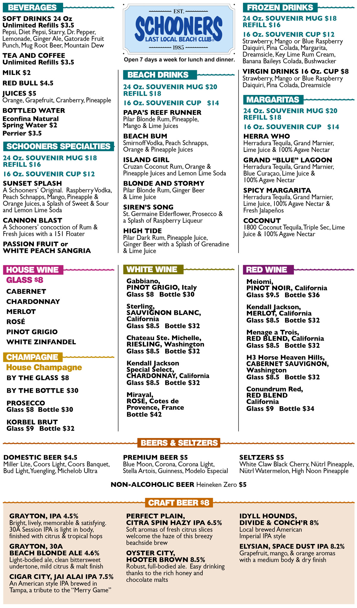 Schooners Menu