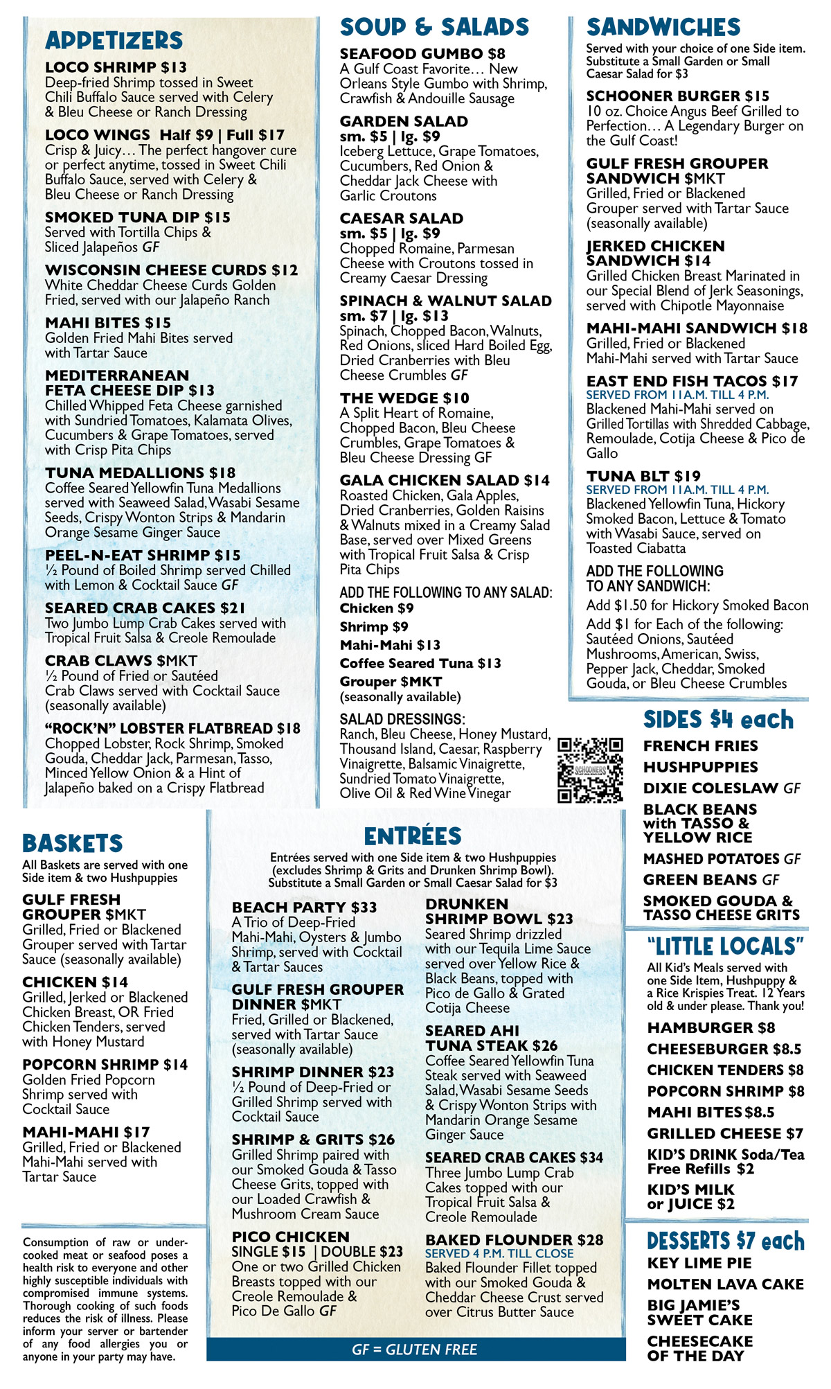 Schooners Menu