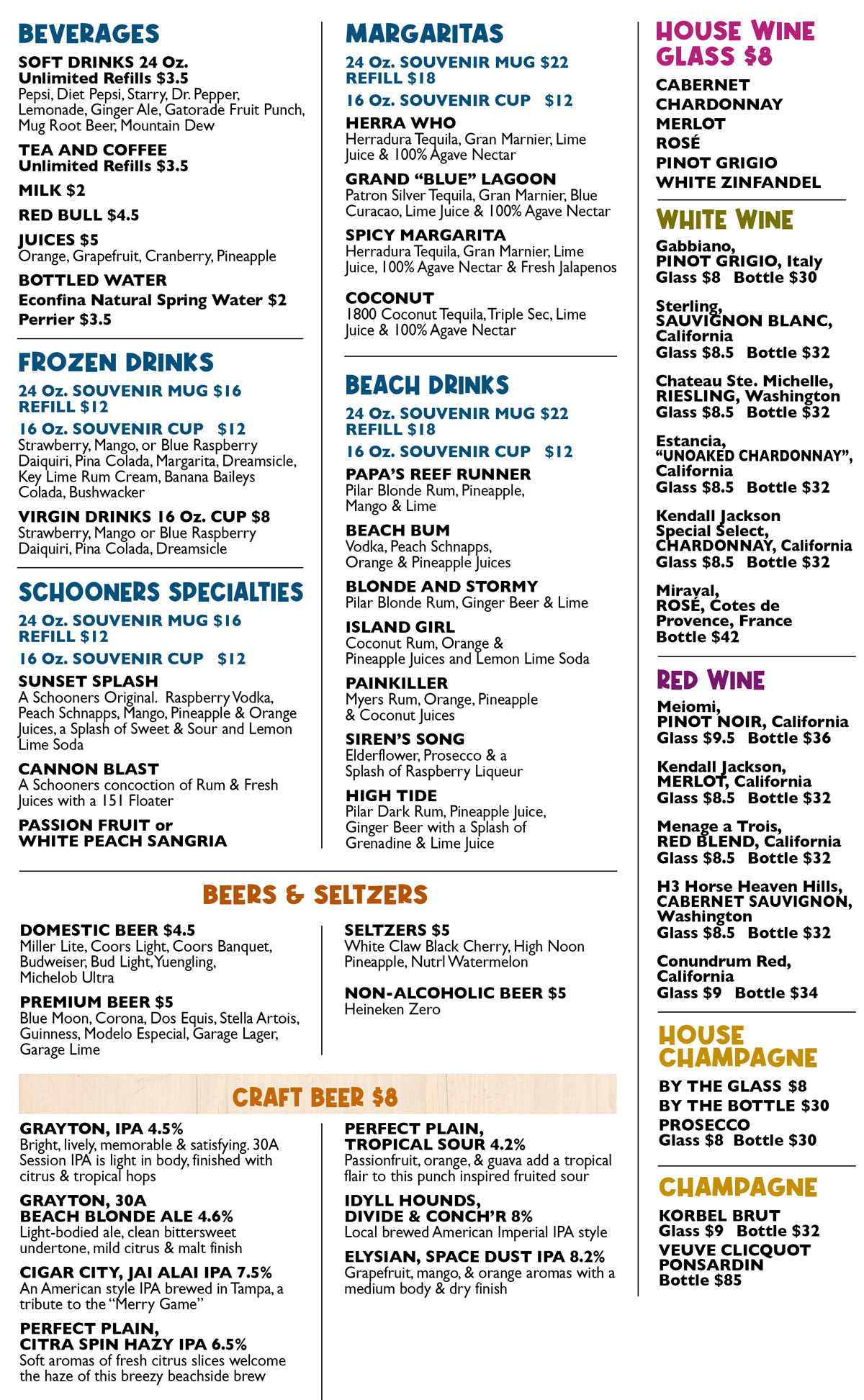 Schooners Menu