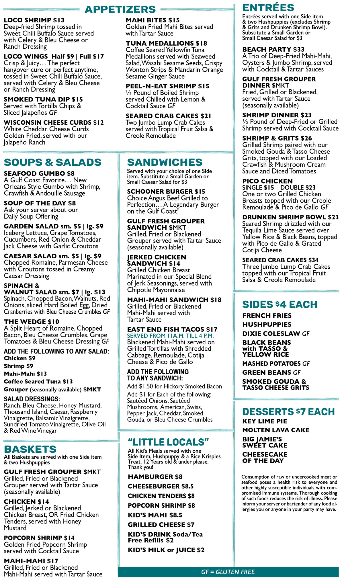 Schooners Menu