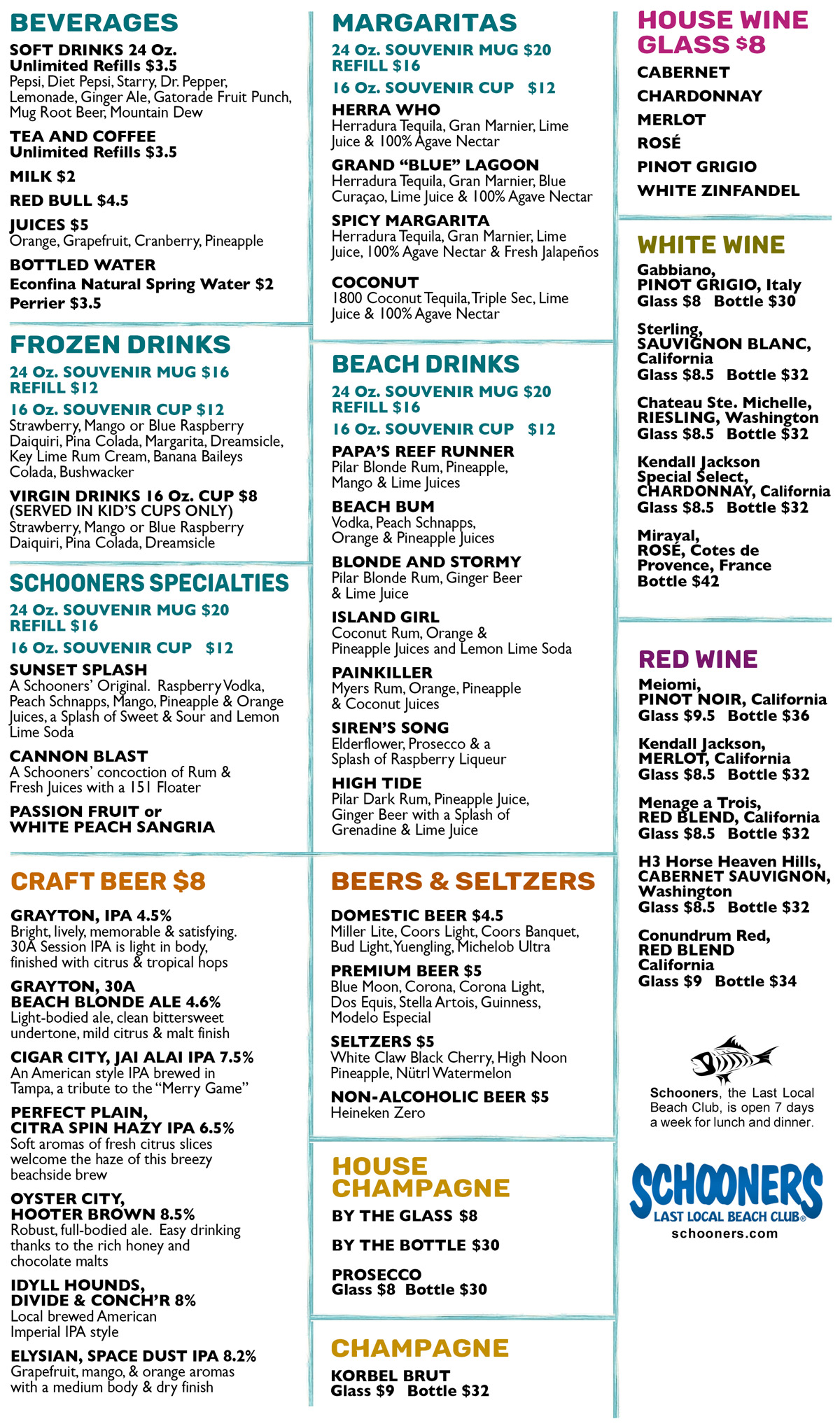 Schooners Menu